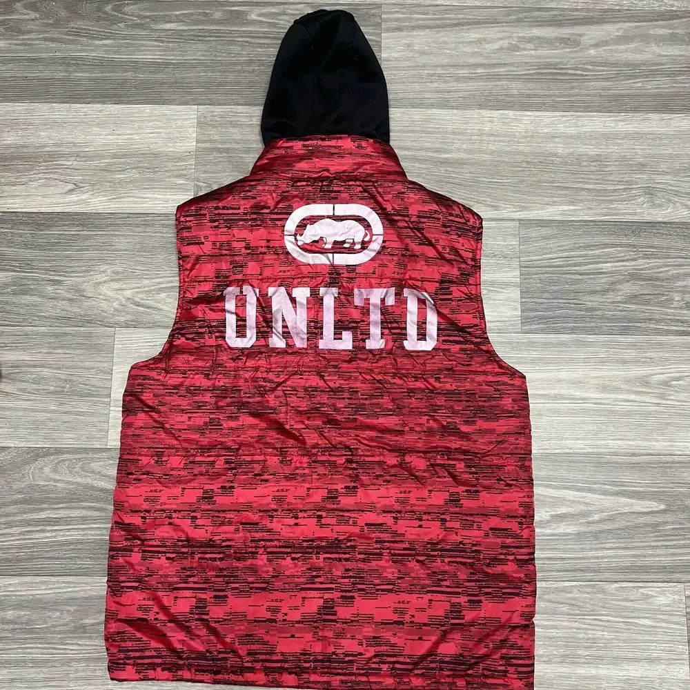 Vintage Y2K Ecko Unltd Puffer Hoodie Vest Mens Large‎ Red Tiger Camo Black Skate